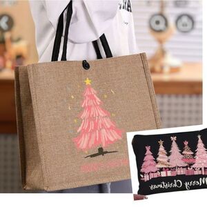 Festive Pink Christmas Tree Jute Tote With Makeup Bag
